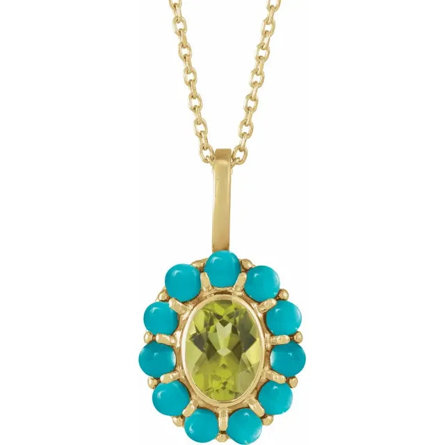 Natural Turquoise and Peridot Halo Necklace