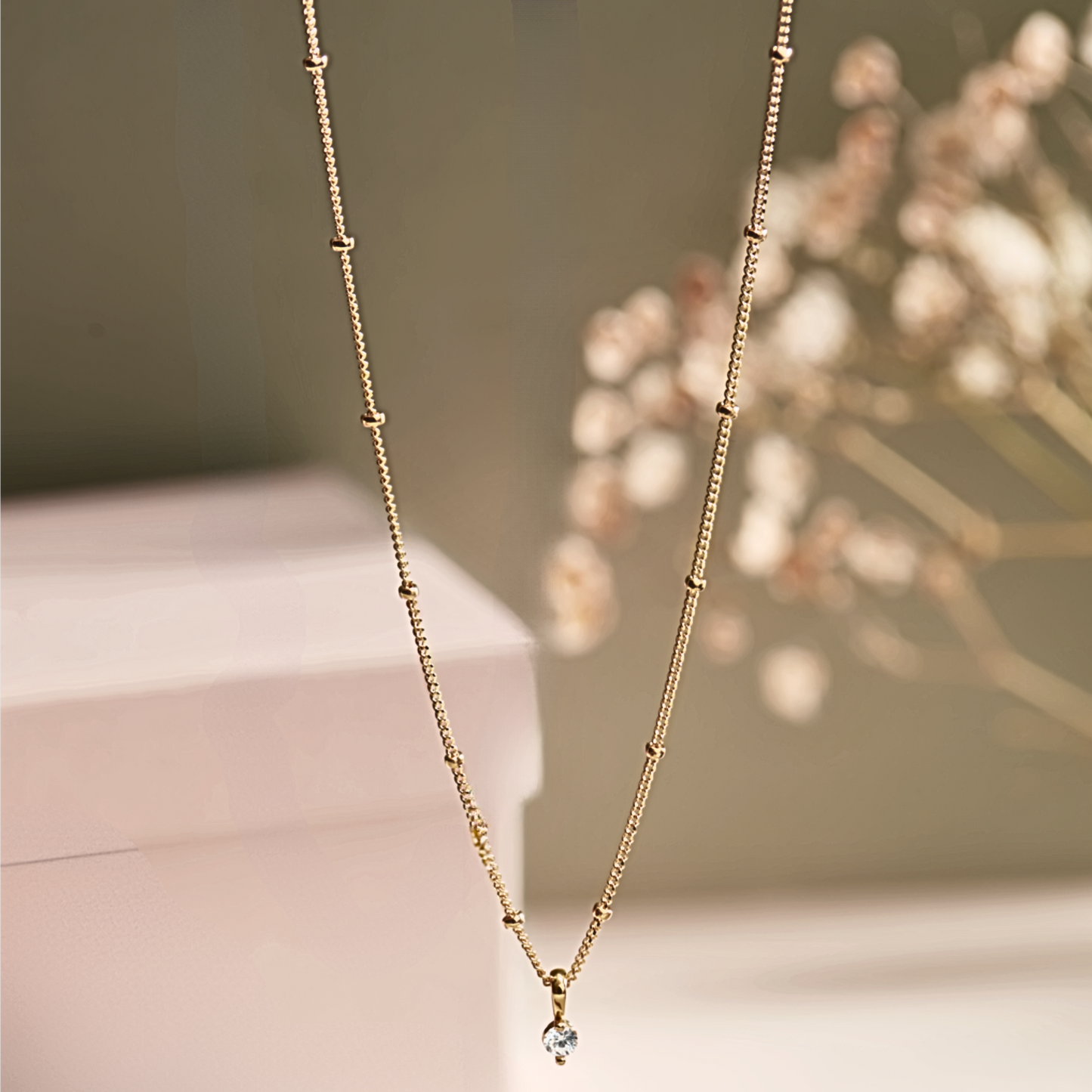 Dainty Diamond Pendant with Bead-Accented Chain